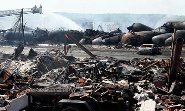 On July 6, 2013, in  Lac-Mégantic, Quebec, an unattended 73-car freight train carrying crude oil ran away and derailed. The fire and explosion killed 50 people. 