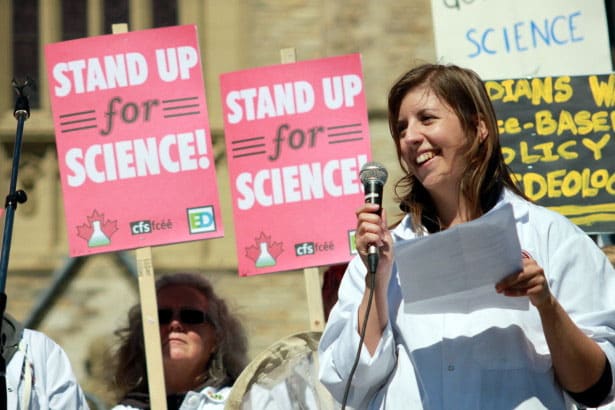 Dr. Katie Gibbs speaks at a Stand Up for Science rally at Parliament Hill in Ottowa last September.