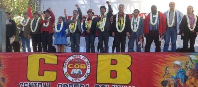Participants in the 'Anti-Imperialist International Trade Union Conference' in Cochabamba, Bolivia, July 2014. 