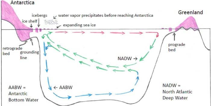 Fig. 1. Stratification and precipitation amplifying feedbacks. Stratification: increased freshwater/iceberg flux increases ocean vertical stratification, reduces AABW formation, and traps ocean heat that increases ice shelf melting. Precipitation: increased freshwater/iceberg flux cools ocean mixed layer, increases sea ice area, causing increase of precipitation that falls before it reaches Antarctica, adding to ocean surface freshening and reducing ice sheet growth. Retrograde beds in West Antarctica and the Wilkes Basin, East Antarctica make their large ice amounts vulnerable to such melting.