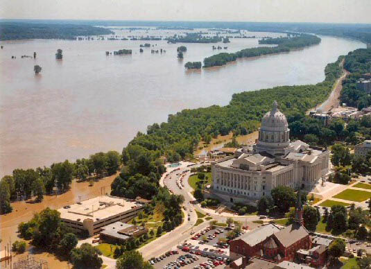 Flood waters inundated parts of Jefferson City, Missouri, and threatened the Missouri State Capitol during the "Great Flood of 1993."