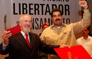 August 2013. Atilio Boron receives the Libertador prize from Venezuelan president Nicolas Maduro